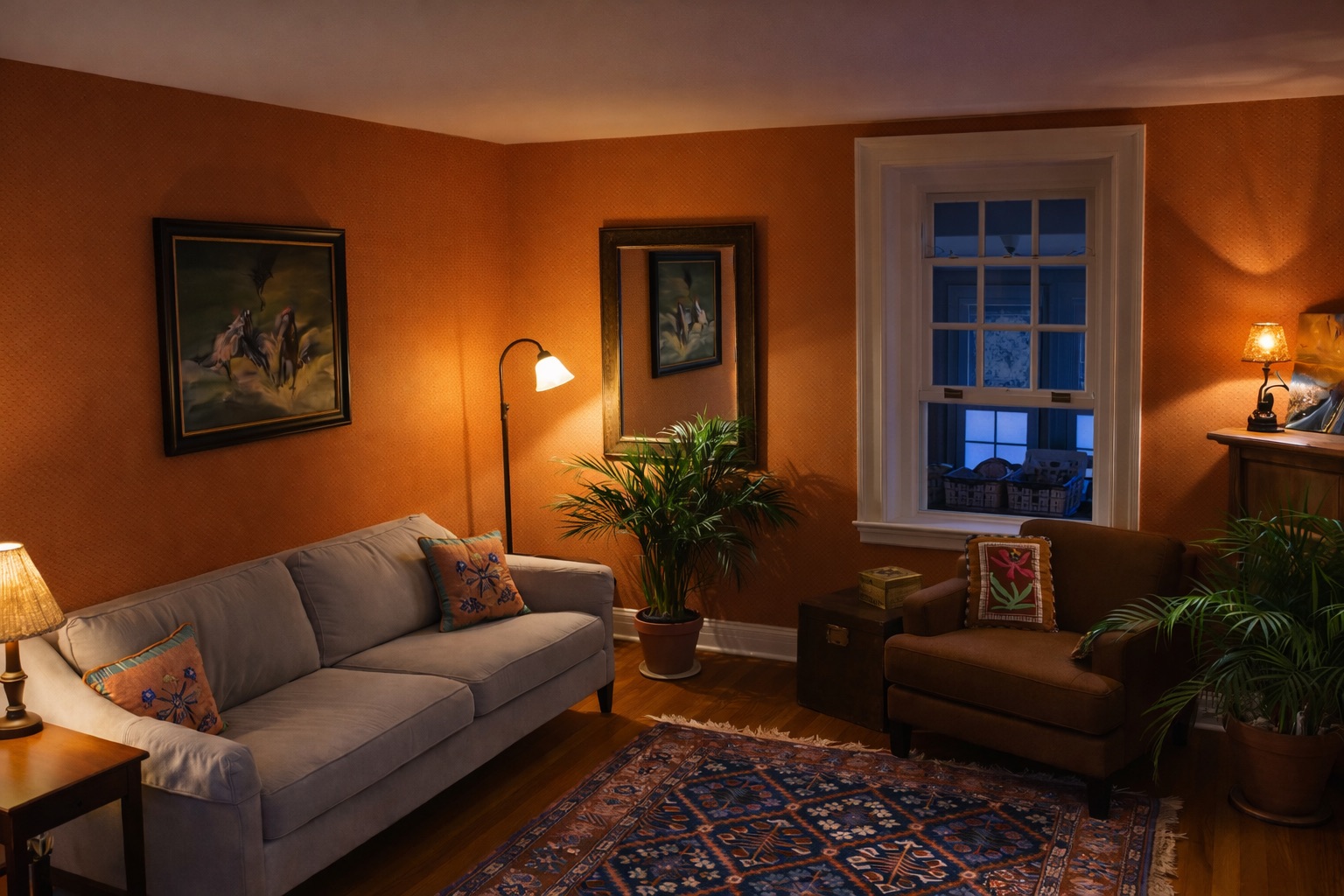 Warm traditional living room at dusk