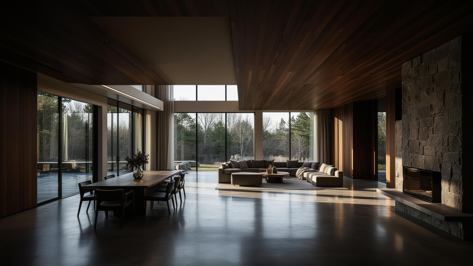 Interior of a custom Kravix Co. home with walnut ceilings and stone fireplace