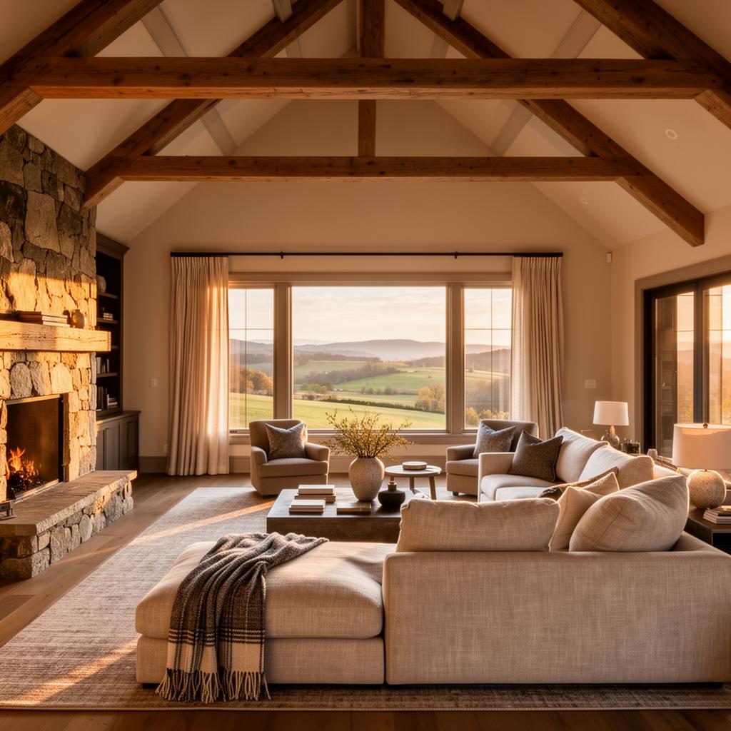 Vaulted living room with stone fireplace and countryside view